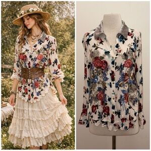 Aratta Floral Sequin Embroidered  Button Shirt Medium Western Cottage Festival